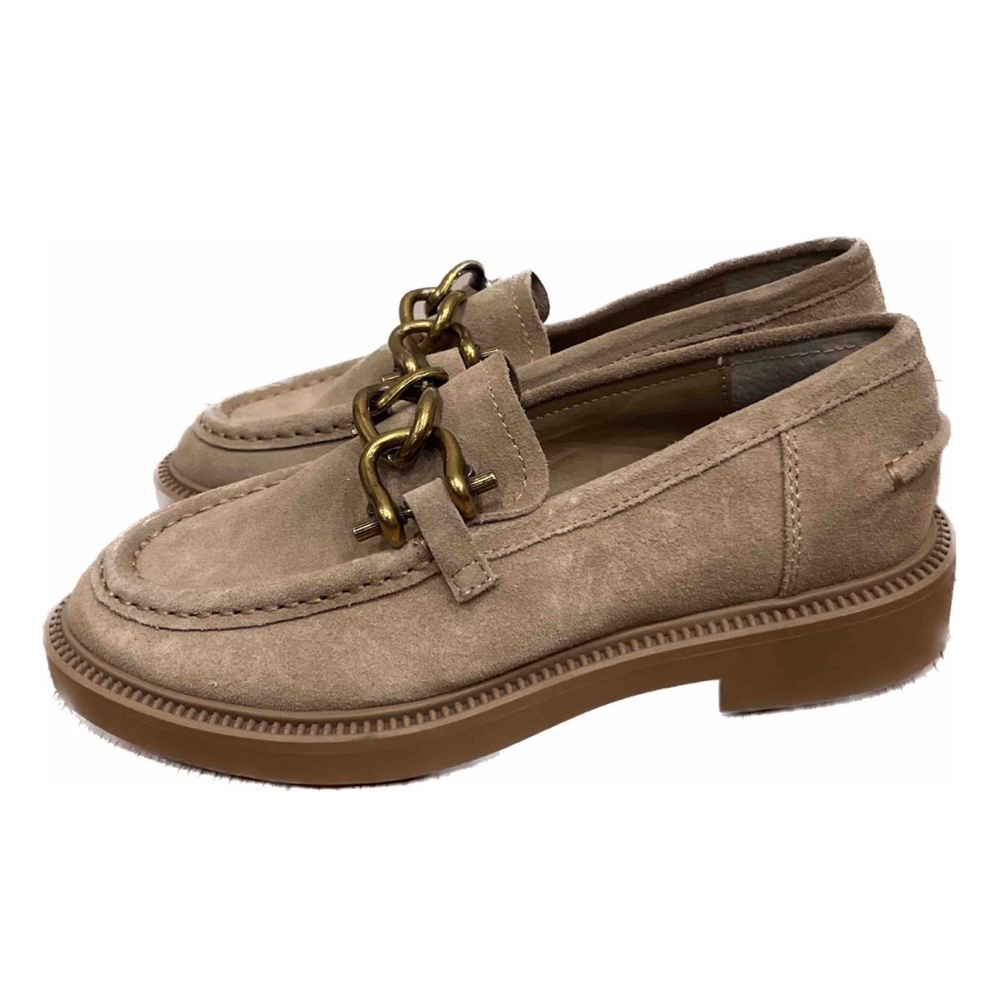Steve Madden Tan Suede Loafers with Gold Chain Detail